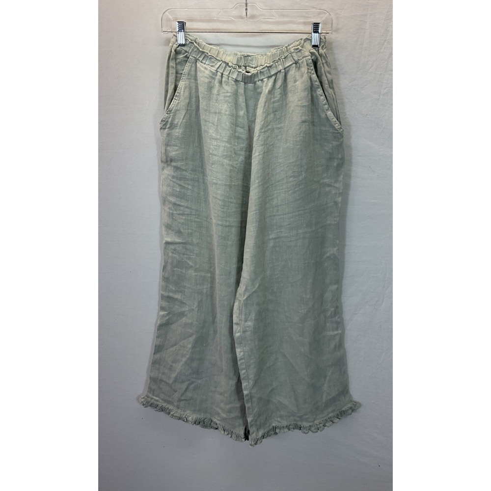 Linen Cropped Wide Leg Pants Sz M Womens Green Pull On Pockets Ruffle Travel